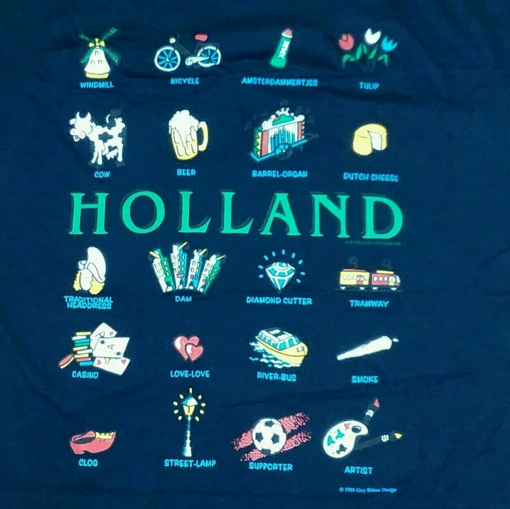 Holland souvenir t shirt L blue windmill clog cow